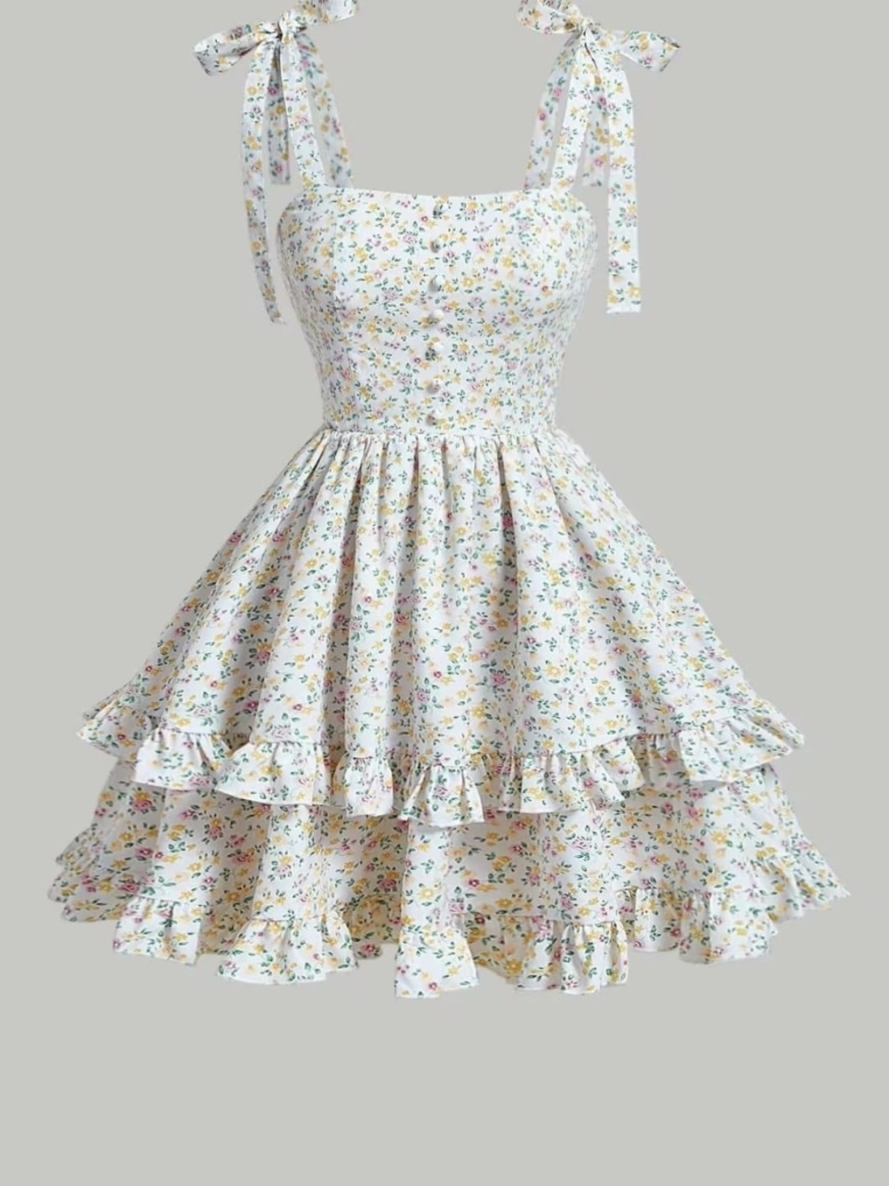 SHEIN White Floral Tie-Shoulder Tiered Ruffle Mini Dress